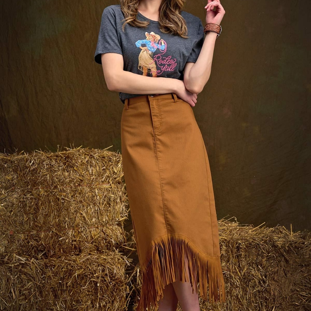 Fringe Hem Denim Midi Skirt Plus Size Tan Western Coastal Cowgirl NWT - Picture 8 of 11